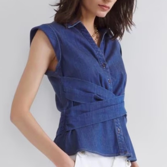White House Black Market Denim Belted Peplum Top - Picture 1 of 8